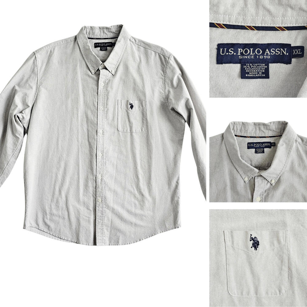 US Polo Assn. Shirt Mens XXL Light Gray Pocket Long Sleeve Collar Button Down